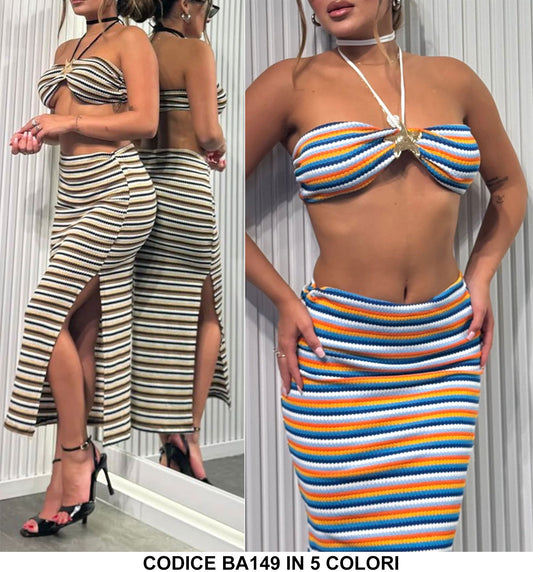 Completo Estate Top Reggiseno Gonna Lunga Midi Multicolore Coordinato Righe Sensuale in 5 Colori - BA149