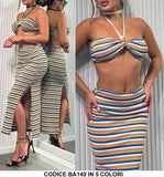Completo Estate Top Reggiseno Gonna Lunga Midi Multicolore Coordinato Righe Sensuale in 5 Colori - BA149