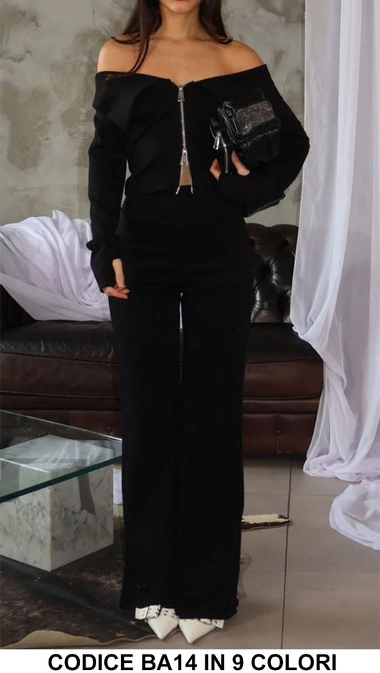 Completo Casual Magia Corta con Zip Buco Pollice Pantalone Palazzo Coordinato Tuta Sportiva in 9 Colori - BA14