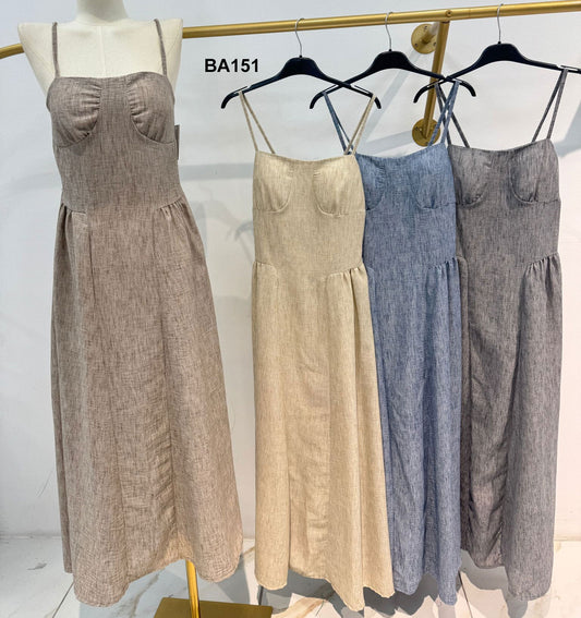 Abito Lungo Effetto Jeans con Bretelle Schiena Metà Scoperta Vestito Casual Elegante in 4 Colori - BA151