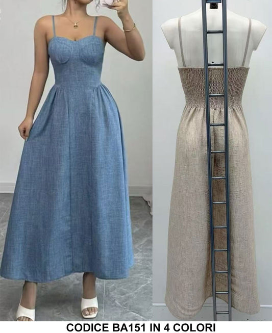 Abito Lungo Effetto Jeans con Bretelle Schiena Metà Scoperta Vestito Casual Elegante in 4 Colori - BA151