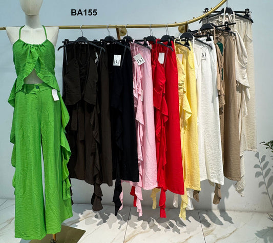 Completo Elegante Maglia Lunga Cardigan con Rouche Pantalone Palazzo Coordinato Casual in 8 Colori - BA155