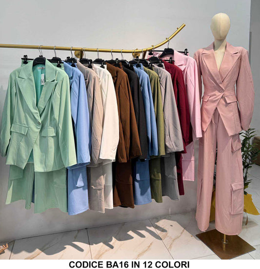 Tailleur Completo Giacca Doppio Petto Pantalone Palazzo Cargo con Tasche Coordinato Casual in 12 Colori - BA16