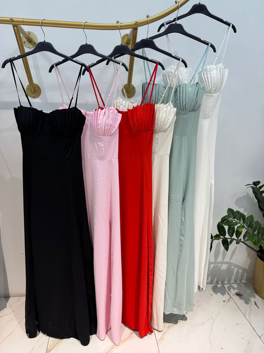 Vestito lungo elegante con coppe plissettate e spalline sottili Abito Evento Serata in 6 colori – BA179