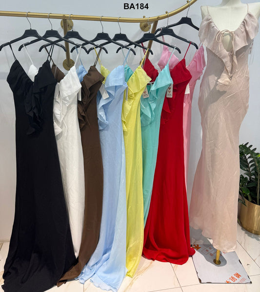 Abito lungo con balze e scollo a V Nero Vestito Elegante Evento Estate Cerimonia – BA184Out