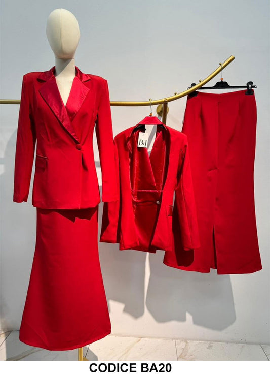 Completo Rosso Elegante GIacca Aperta Dietro Tailleur Gonna Lunga Campana Coordinato Cerimonia Fashion - BA20