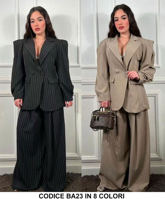 Tailleur Gessato Giacca Spalline Strutturare Pantalone Largo Palazzo Completo Righini Elegante in 8 Colori - BA23