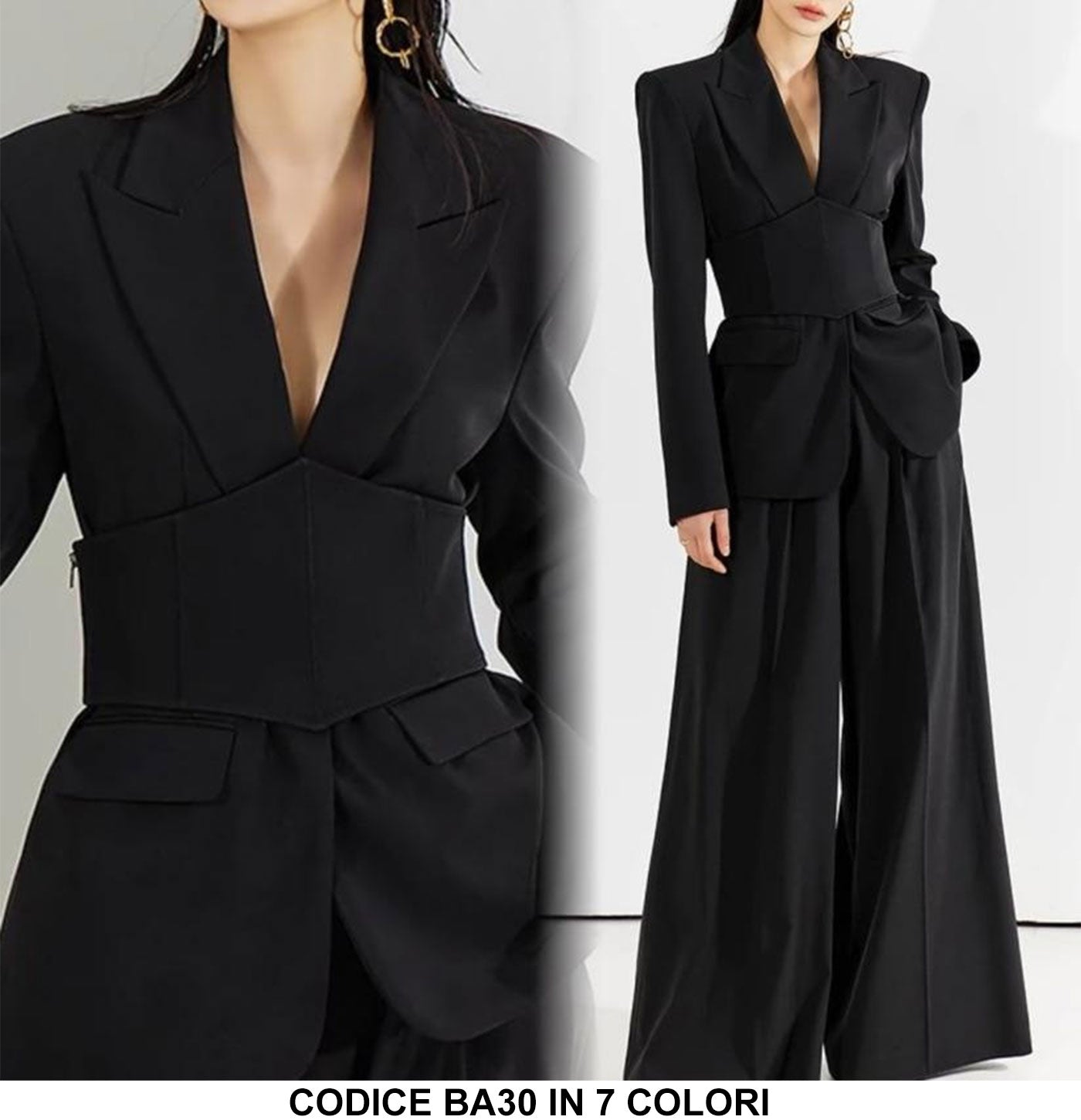 Tailleur Elegante Giacca con Cintura a Fascia Manica a Punta Pantalone Palazzo Completo in 7 Colori - BA30