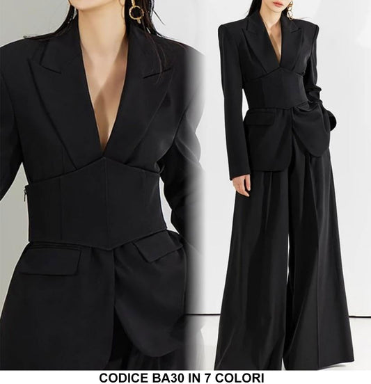 Tailleur Elegante Giacca con Cintura a Fascia Manica a Punta Pantalone Palazzo Completo in 7 Colori - BA30