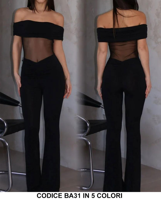 Tuta Elegante Intera Spalline Scese Pancia in Trasparenza Jumpsuit Sensuale Casual in 5 Colori - BA31