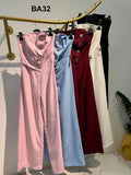 Tuta Elegante Intera Senza Maniche Corpetto Asimmetrico Bottoni Gioiello Dorati Jumpsuit in Bordeaux - BA32Out