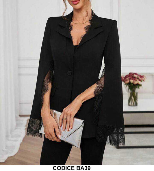 Giacca Blazer Nera Elegante Maniche Aperte Polsini e Finale in Merletto Pizzo GIacche Tailleur - BA39