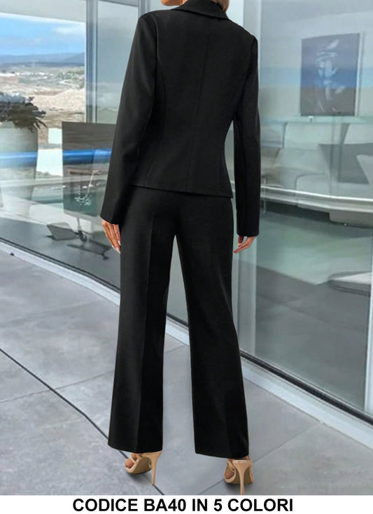 Tailleur Completo Smoking Effetto Rasato Giacca Bottoni Gioiello Pantalone Zampa Coordinato in 5 Colori - BA40