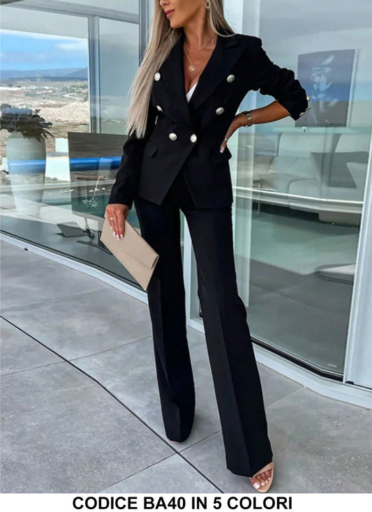 Tailleur Completo Smoking Effetto Rasato Giacca Bottoni Gioiello Pantalone Zampa Coordinato in 5 Colori - BA40