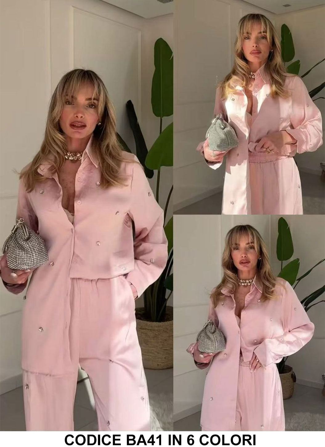 Completo Elegante Camicia Lunga Pantalone Palazzo Applicazione di Strass Coordinato Fashion in 6 Colori - BA41