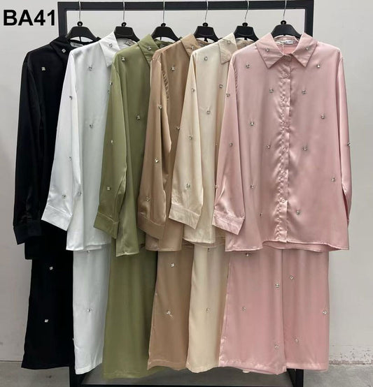 Completo Elegante Camicia Lunga Pantalone Palazzo Applicazione di Strass Coordinato Fashion in 6 Colori - BA41