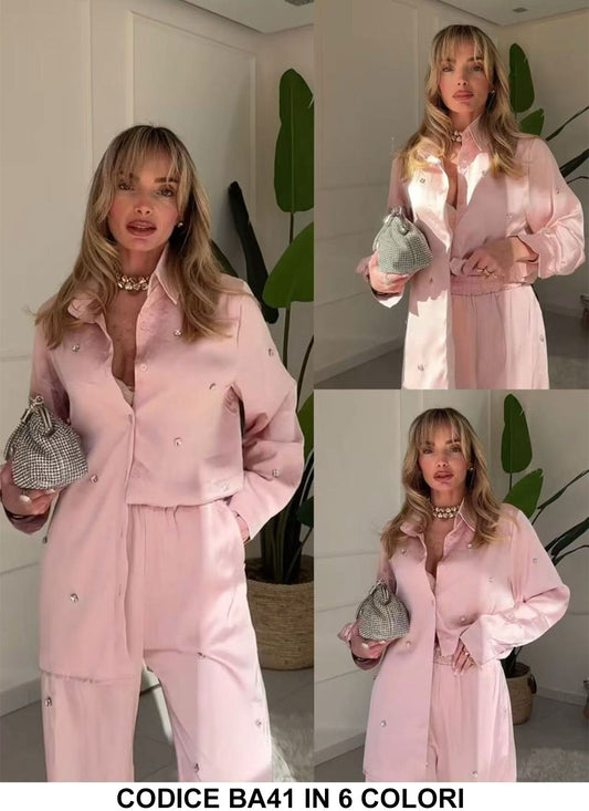 Completo Elegante Camicia Lunga Pantalone Palazzo Applicazione di Strass Coordinato Fashion in 6 Colori - BA41