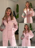 Completo Elegante Camicia Lunga Pantalone Palazzo Applicazione di Strass Coordinato Fashion in 6 Colori - BA41