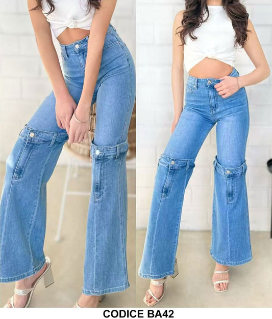 Pantalone Jeans Blu Denim a Zampa Effetto Doppio con Bottone Pantaloni Fashion Casual - BA42