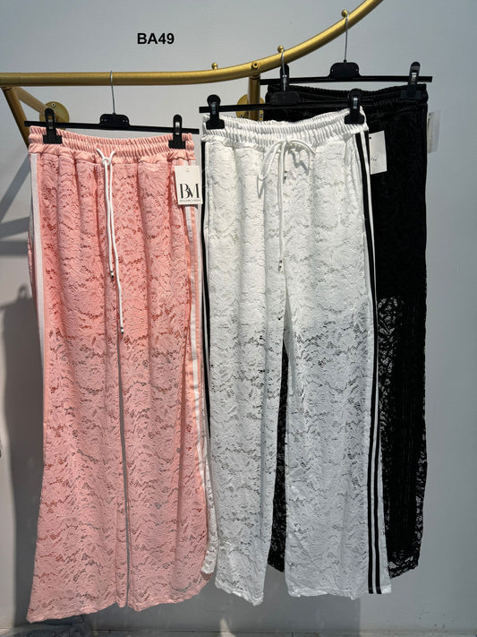 Pantalone Elastico Merletto Pizzo Semitrasparente Fascia Laterale Colorata Pantaloni in 3 Colori - BA49