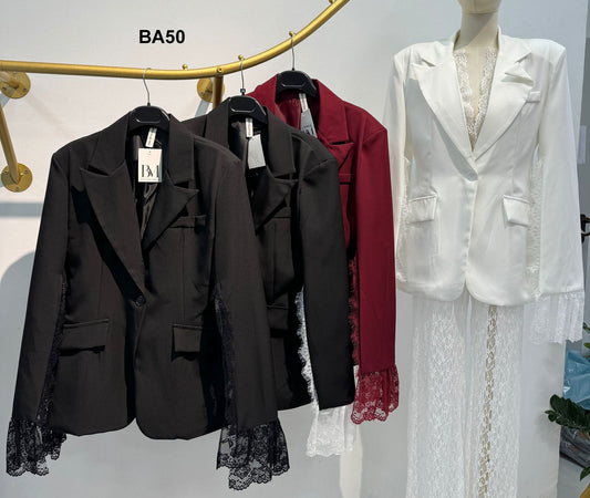 Giacca Blazer Elegante Collo Coreana Scollo Merletto Manica Aperta Lunga Pizzo Tailleur Casual in 3 Colori - BA50