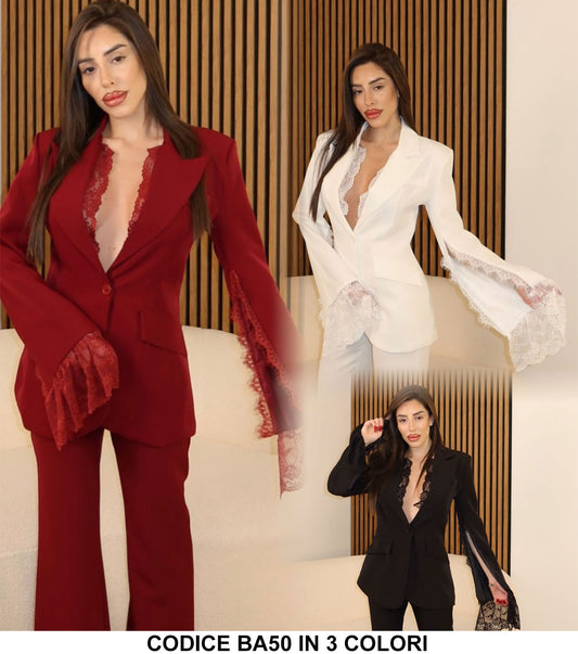 Giacca Blazer Elegante Collo Coreana Scollo Merletto Manica Aperta Lunga Pizzo Tailleur Casual in 3 Colori - BA50