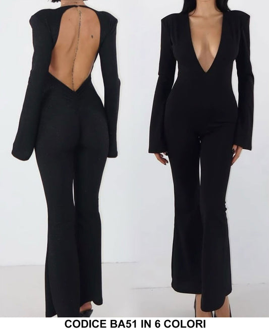 Tuta Elegante Intera Aderente Scollo V Profondo Schiena Scoperta Jumpsuit Casual Sensuale in 6 Colori - BA51