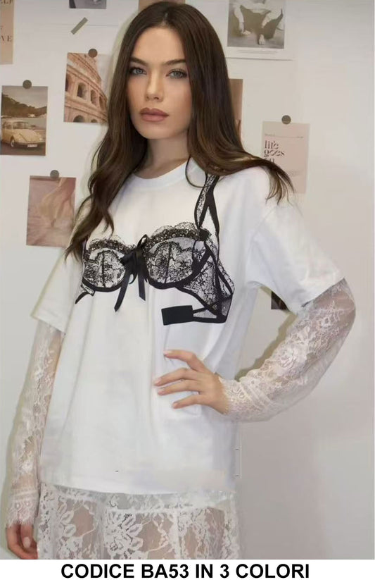 Completo Fashion Maglia Stampa Reggiseno Gonna Lunga Finali in Merletto Pizzo Bianco Coordinato in 3 Colori - BA53