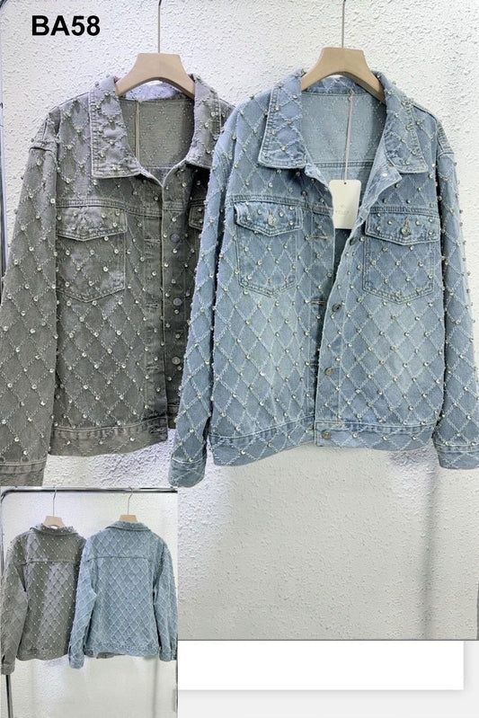 Giubbotto in Jeans Applicazione di Strass Fashion Giacca Casual Elegante Giubbino in 2 Colori - BA58