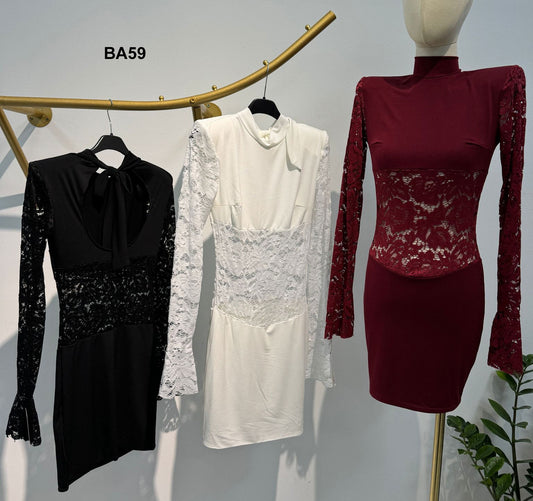 Abito Corto Elegante Merletto Pizzo Semitrasparente Polsino Pipistrello Vestito Sensuale Serata in 3 Colori - BA59