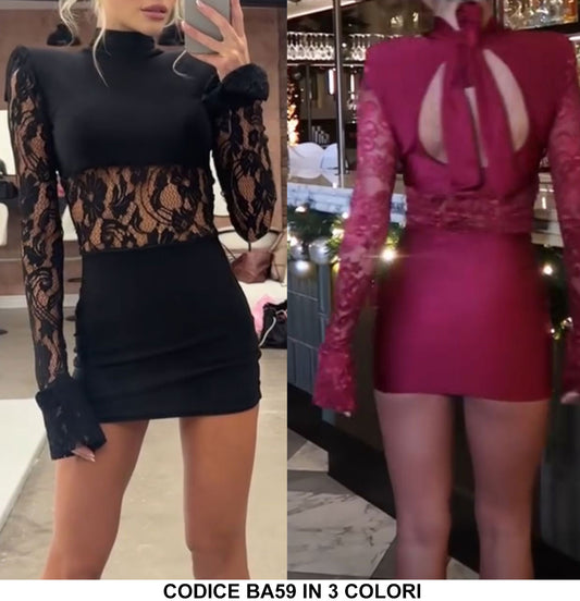 Abito Corto Elegante Merletto Pizzo Semitrasparente Polsino Pipistrello Vestito Sensuale Serata in 3 Colori - BA59