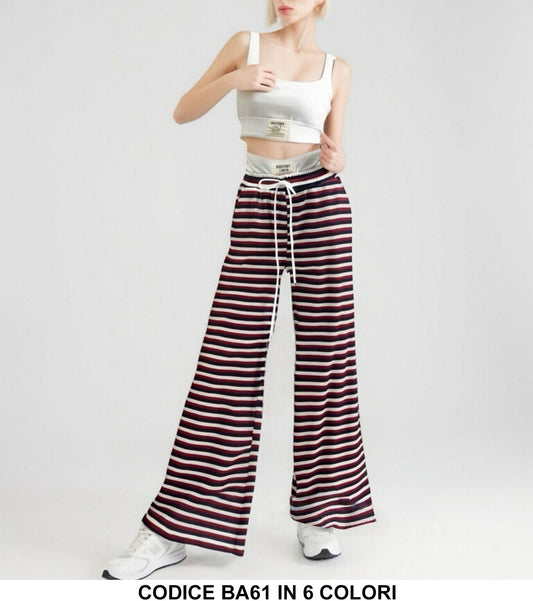 Completo Casual Maglia Top Pantalone Elastico Palazzo Trama Righini Bicolore Coordinato Sportivo in 6 Colori - BA61