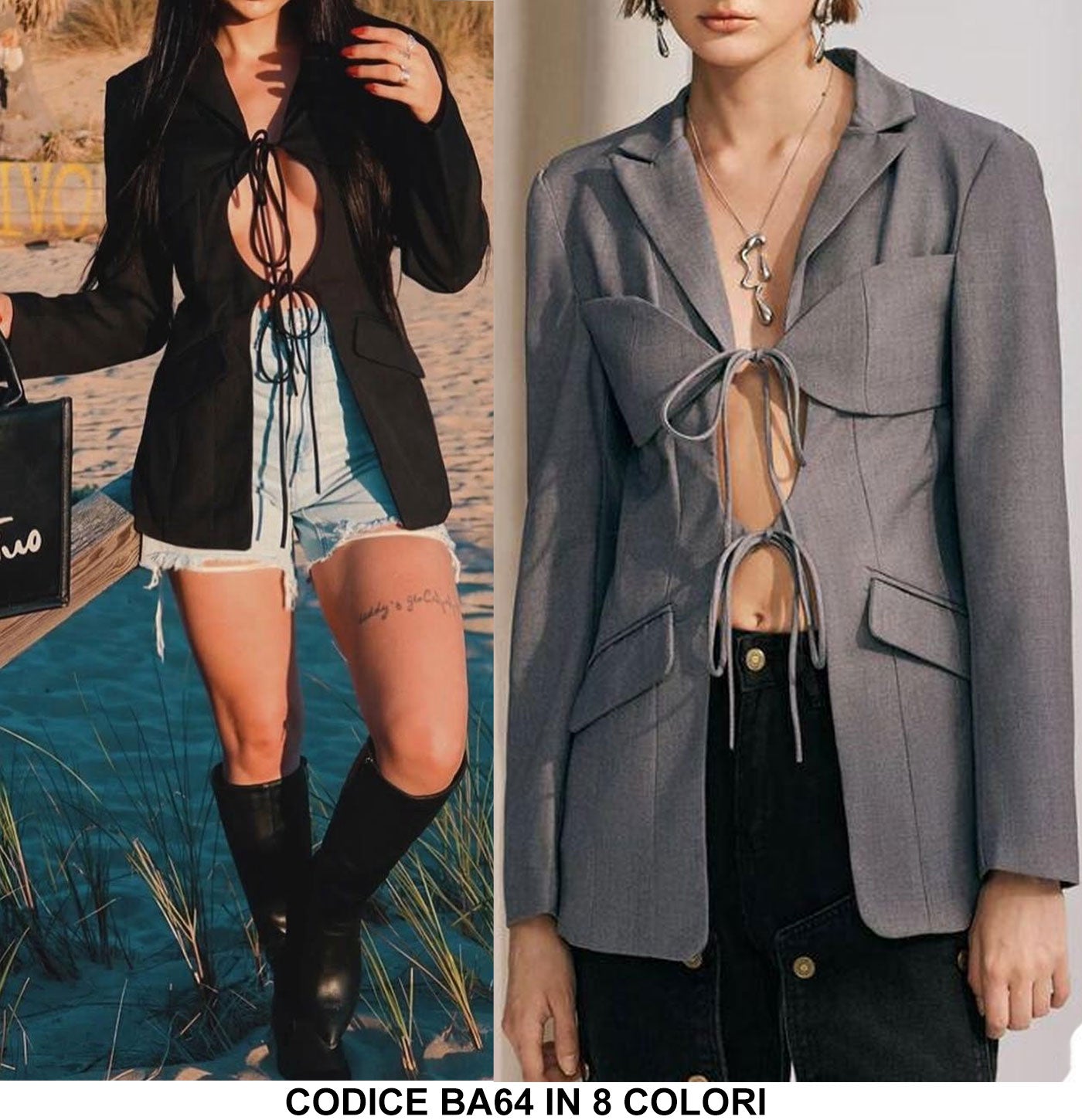 Giacca Blazer Effetto Doppio Petto Chiusura con Laccetti Casual Giacche Donna Fashion Tailleur in 8 Colori - BA64