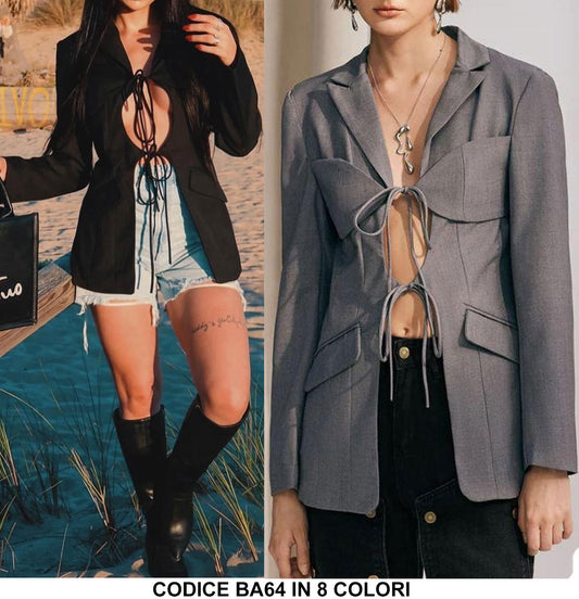 Giacca Blazer Effetto Doppio Petto Chiusura con Laccetti Casual Giacche Donna Fashion Tailleur in 8 Colori - BA64