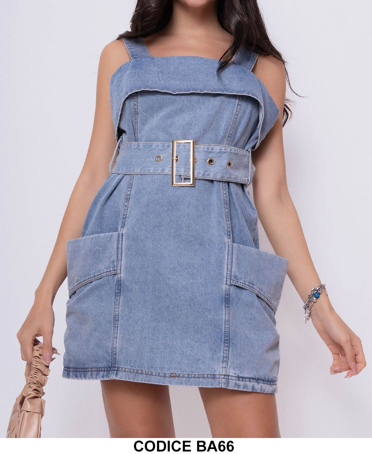 Abito Casual Corto in jeans Blu con Bretelle e Cinturona Vestito Fashion con Tasconi e Scollo a Fascia - BA66