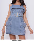 Abito Casual Corto in jeans Blu con Bretelle e Cinturona Vestito Fashion con Tasconi e Scollo a Fascia - BA66