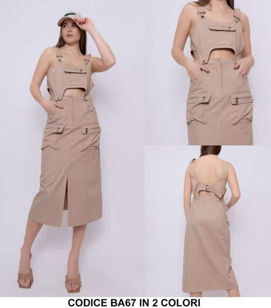 Abito Lungo Midi Salopette Cut Out Gonna Cargo con Tasche Spacco Centrale Vestito Casual Bianco o Nero - BA67