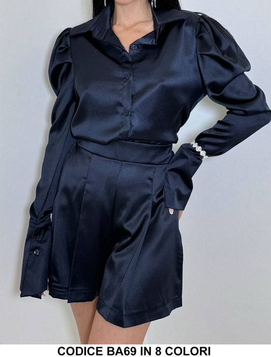 Completo Elegante Rasato Camicia Polsino a Campana Pantaloncino Shorts Coordinato Evento in 8 Colori - BA69