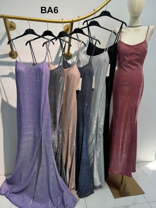 Abito Lungo Elegante senza maniche Spacco Laterale Effetto Luccicoso Vestito Evento Cerimonia in 7 Colori - BA6