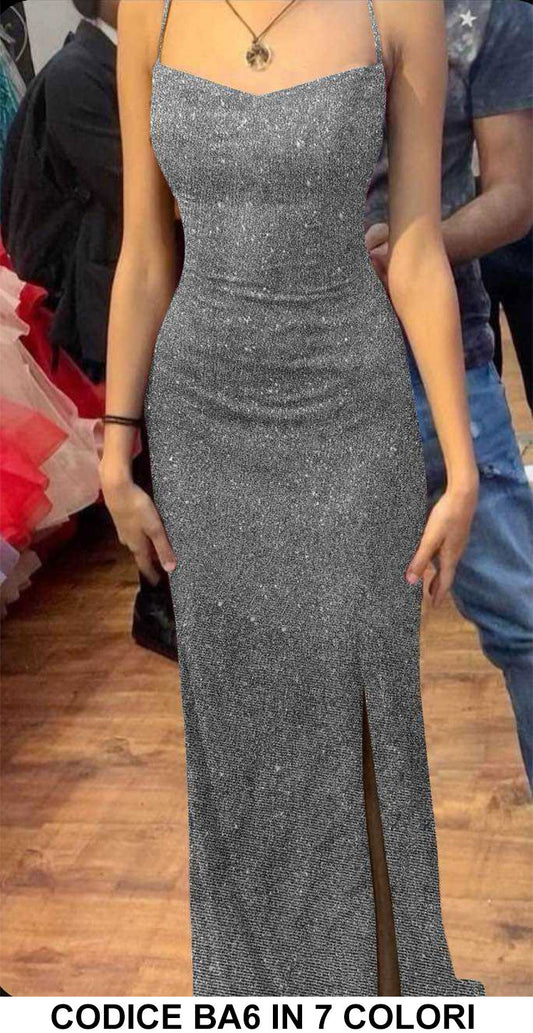 Abito Lungo Elegante senza maniche Spacco Laterale Effetto Luccicoso Vestito Evento Cerimonia in 7 Colori - BA6