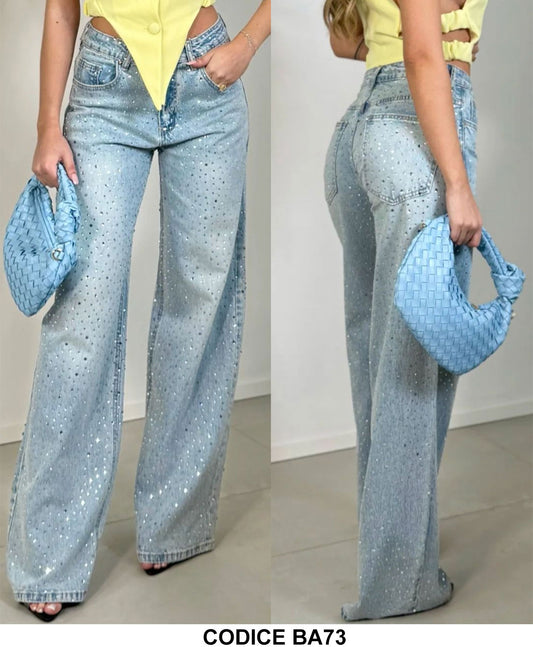 Pantalone Donna in Jeans Ricoperto di Strass Colorati Modello Zampa Pantaloni Casual Fashion Donna - BA73
