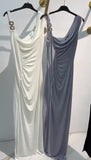 Abito Lungo Elegante da Cerimonia Evento Spallina Gioiello Vestito Spacco Laterale Serata in 3 Colori - BA75