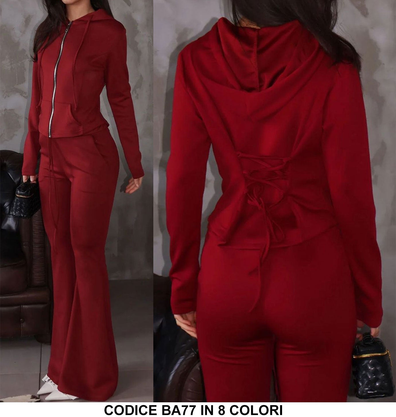 Completo Maglia con Cappuccio e Zip Modellabile Pantalone Zampa Coordinato Tuta Sportiva in 8 Colori - BA77