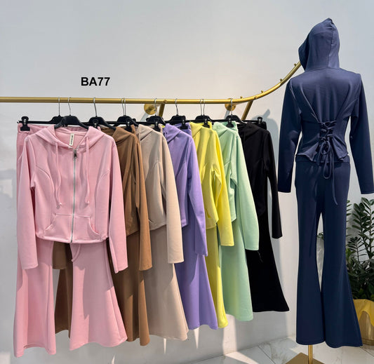 Completo Maglia con Cappuccio e Zip Modellabile Pantalone Zampa Coordinato Tuta Sportiva in 8 Colori - BA77