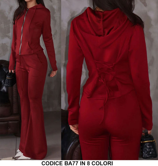 Completo Maglia con Cappuccio e Zip Modellabile Pantalone Zampa Coordinato Tuta Sportiva in 8 Colori - BA77