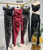 Completo Elegante Sensuale da Serata Maglia Top con Fascia Gonna Lunga con Rouche Spacco Profondo in 3 Colori - BA79