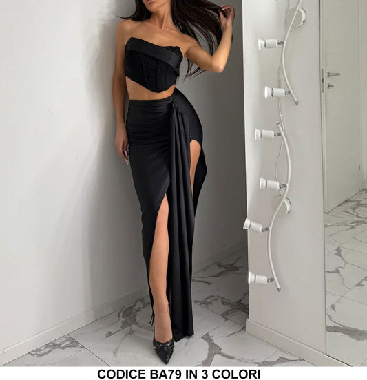 Completo Elegante Sensuale da Serata Maglia Top con Fascia Gonna Lunga con Rouche Spacco Profondo in 3 Colori - BA79