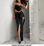 Completo Elegante Sensuale da Serata Maglia Top con Fascia Gonna Lunga con Rouche Spacco Profondo in 3 Colori - BA79