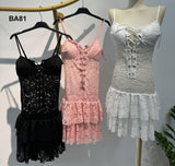 Abito Corto Merletto Pizzo Stile Corsetto con Laccetti Vestito Sensuale Sexy a Balze in 3 Colori - BA81