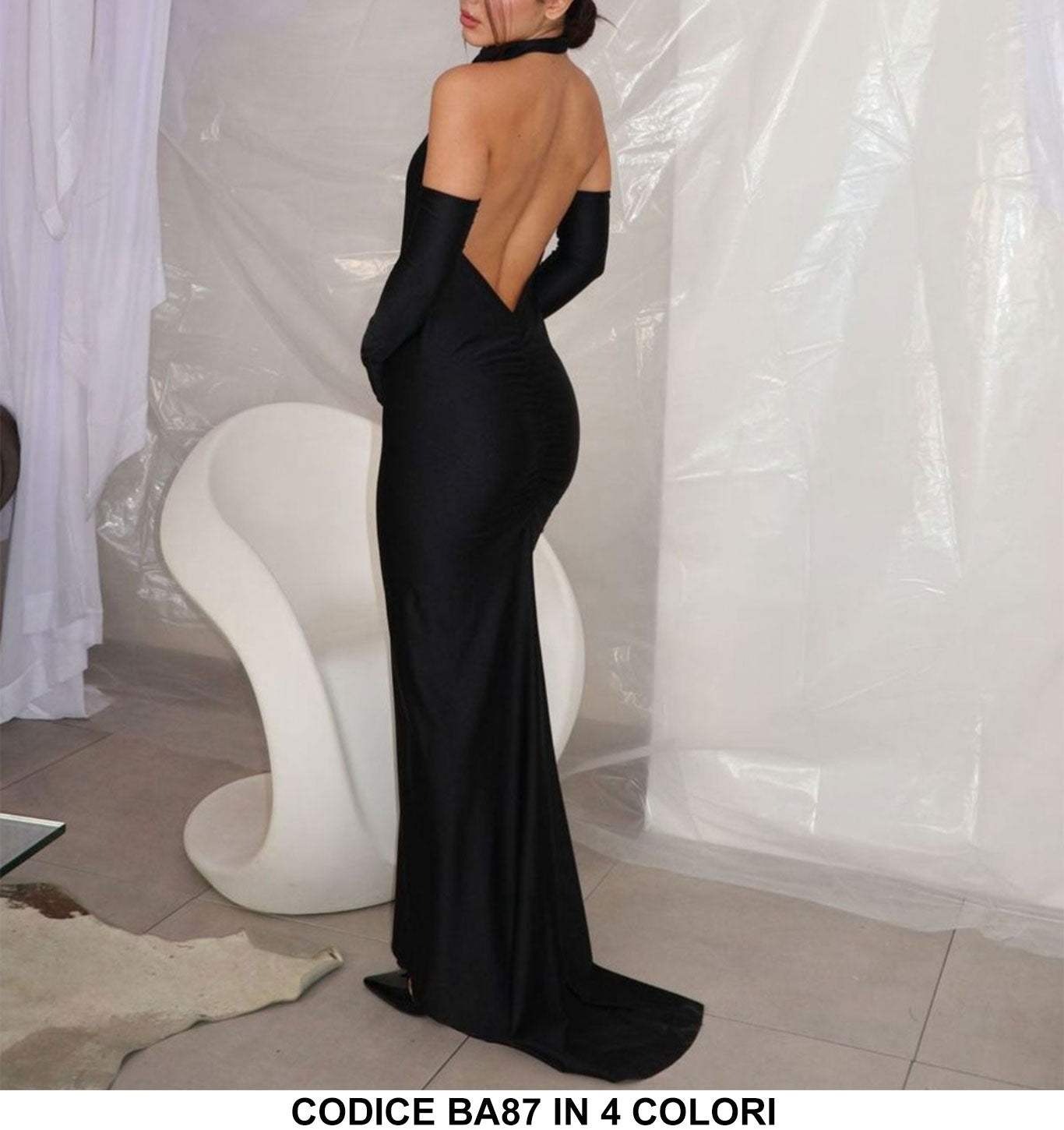 Abito Lungo Elegante Cerimonia Evento Schiena Scoperta Allacciato al Collo Vestito Sirena in 4 Colori - BA87